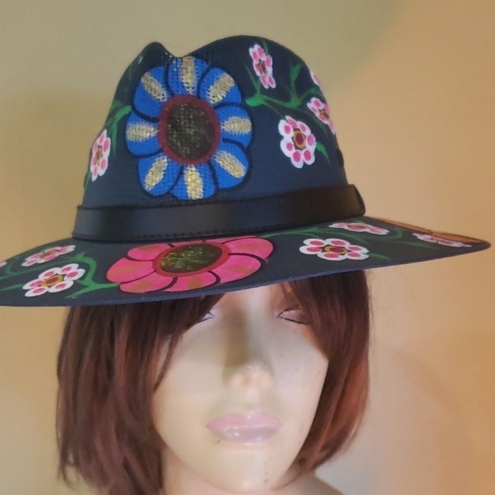 Mexican Handpainted Blue Bright Florals Hat Size Large