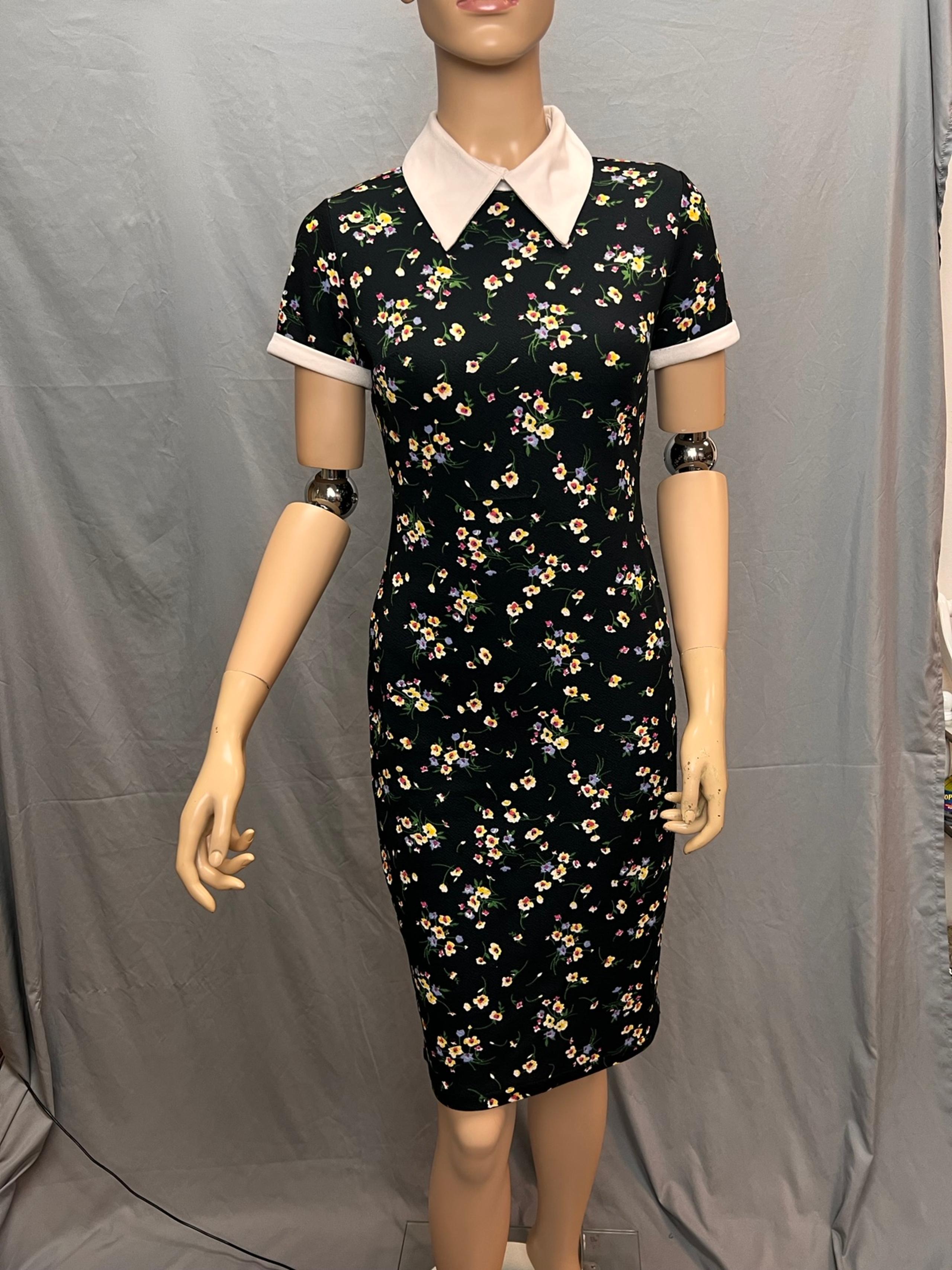 HomeYee Floral Collard Short Sleeve Midi Bodycon Shirt Dress Size 4 Small