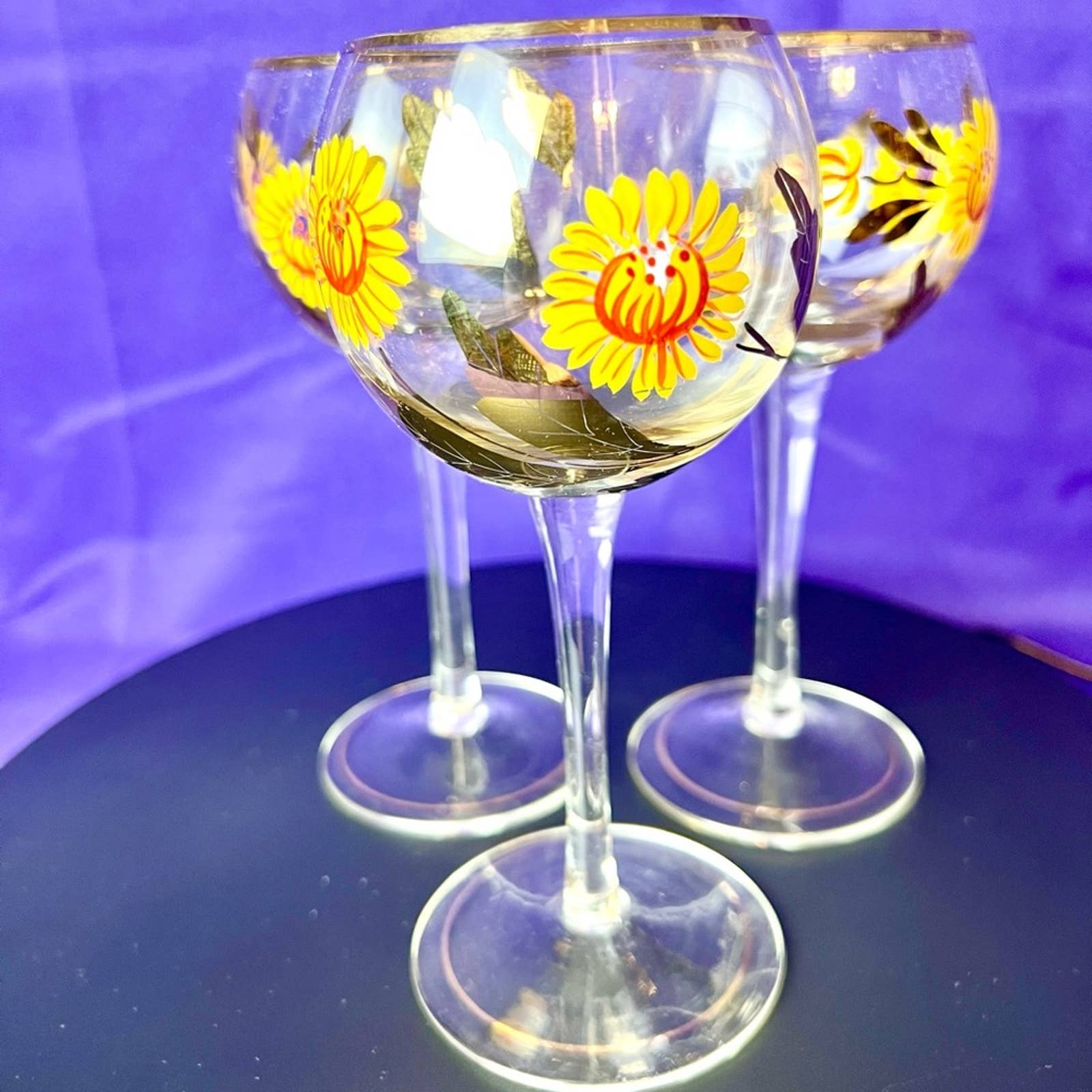 Vintage Sunflower & Gold Leaf Gold Trimmed Wine Glasses - Set of 3