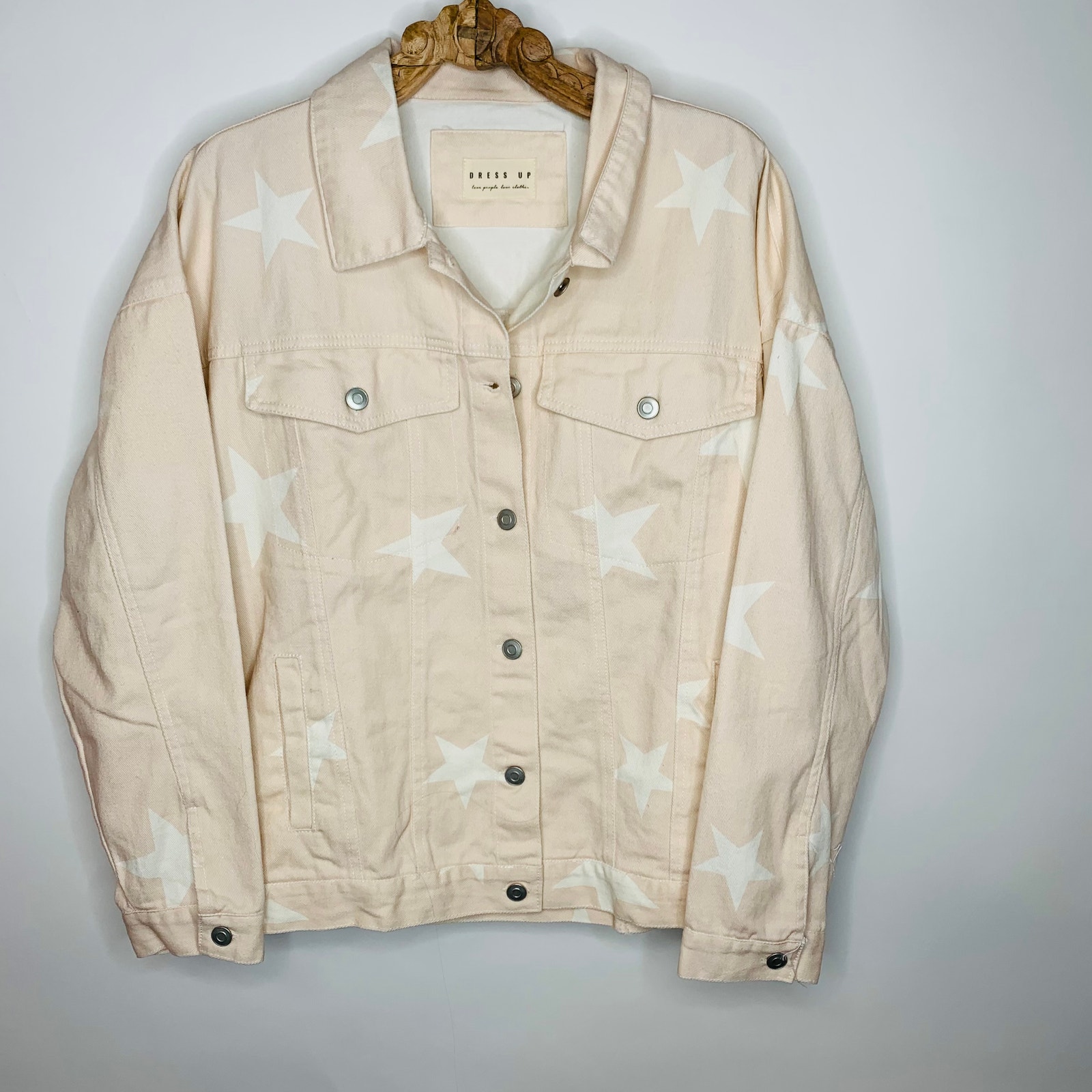 Dress Up Blush Pink Peach White Star Pattern Jean Jacket Sz Large