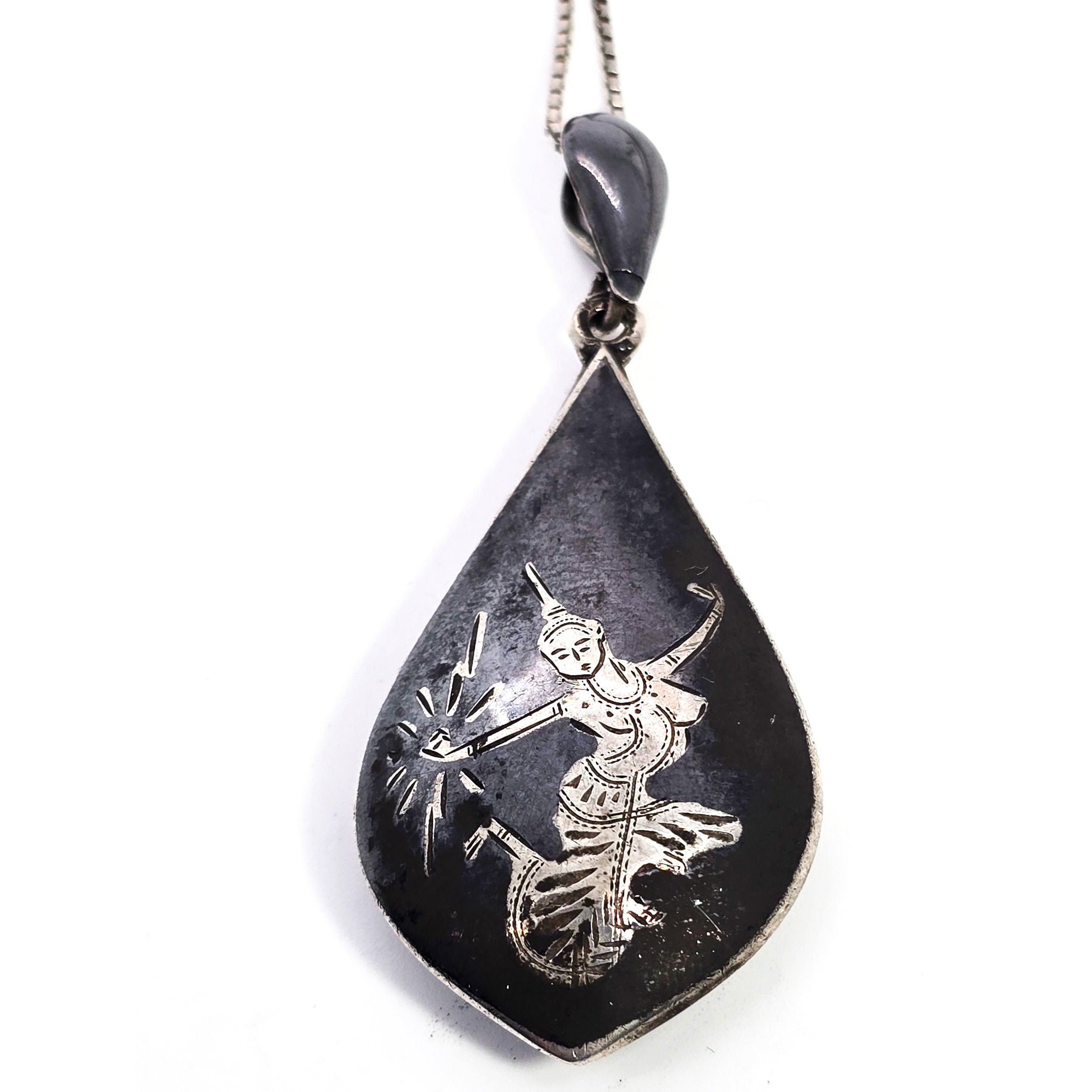 Siam Nielloware black enamel Mekkala goddess vintage sterling silver necklace