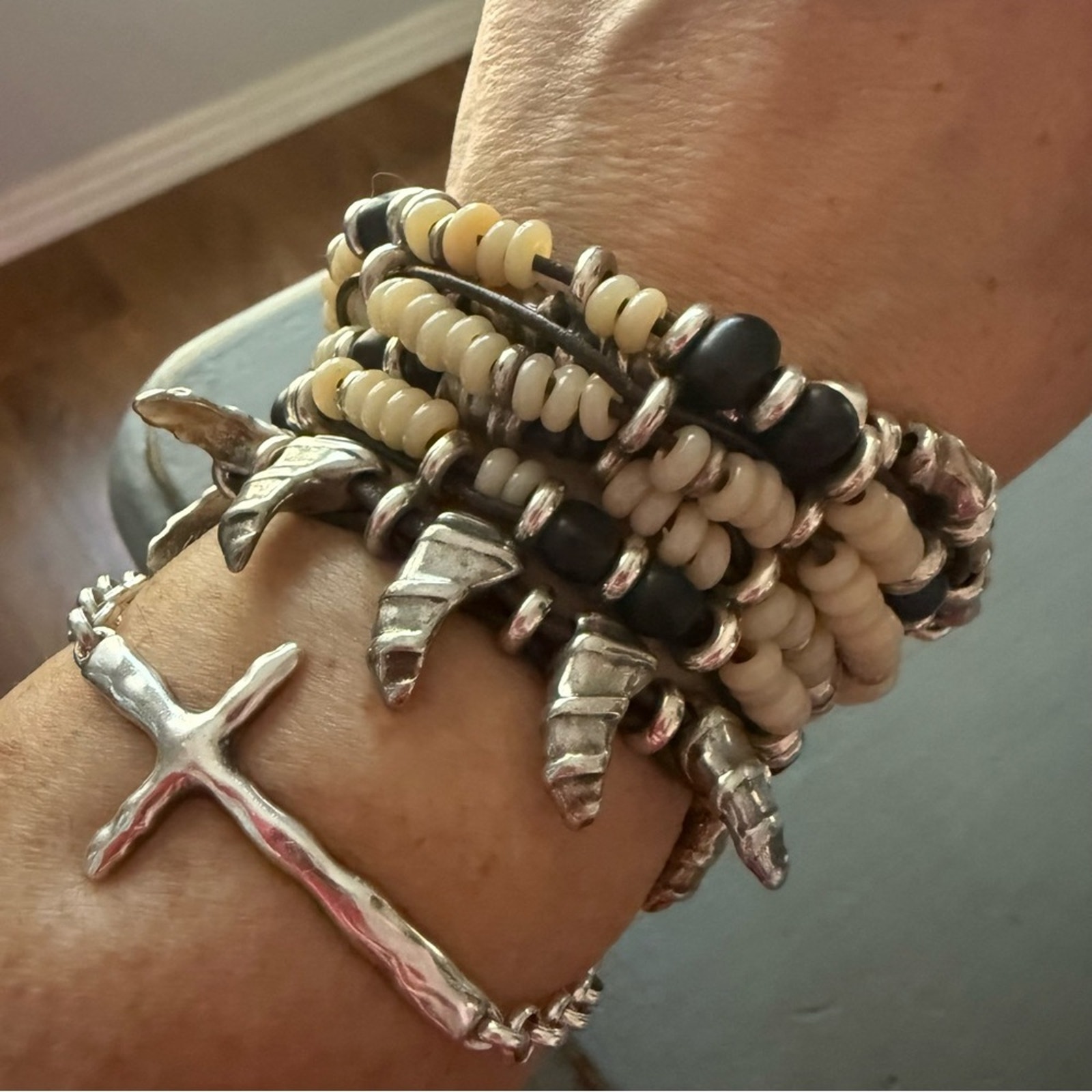 Uno de 50 Multi Strand Leather Silver Beaded Bracelet