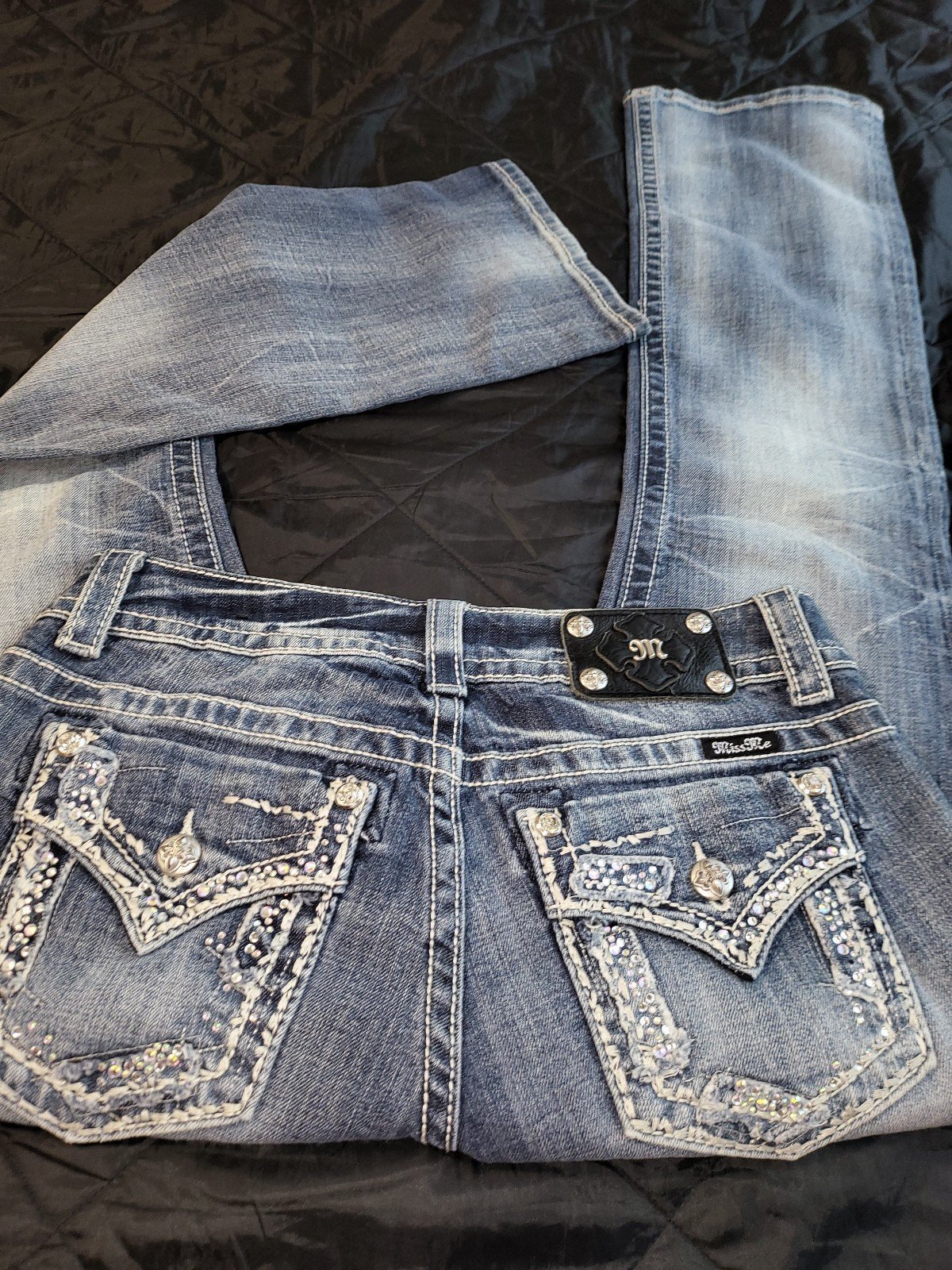 MISS ME DENIM JEANS RHINESTONE BLING 28/33 EASY BOOT!!