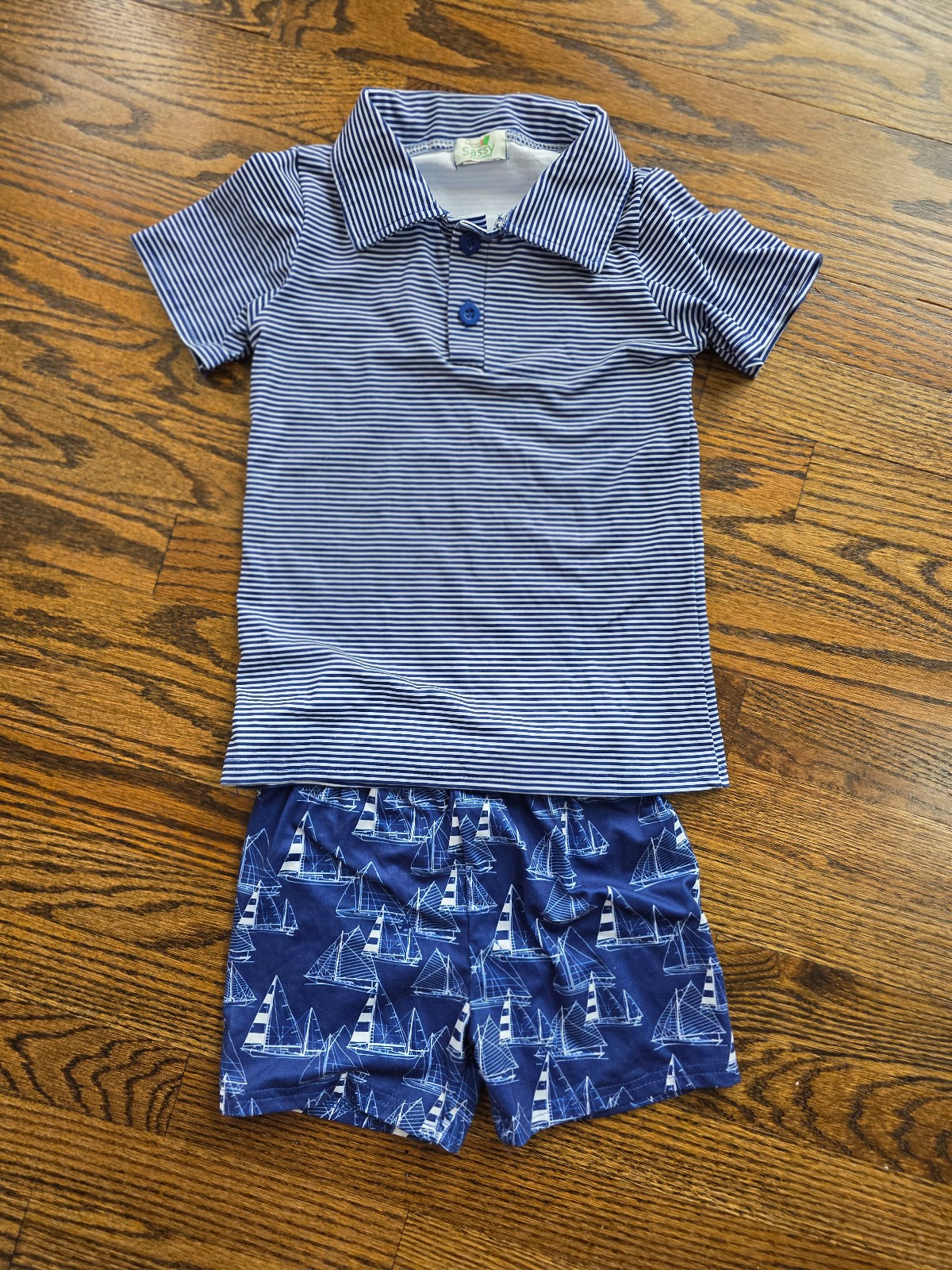 Boy Striped Navy Polo Sailboat Print Summer Shorts Set, Size 5