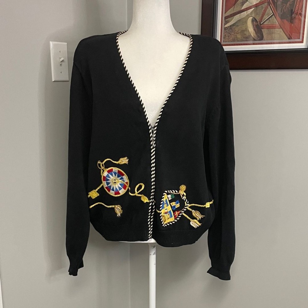 Susan Bristol Embroidered Nautical Sailing black cardigan 90s 1996 Size XL Zip