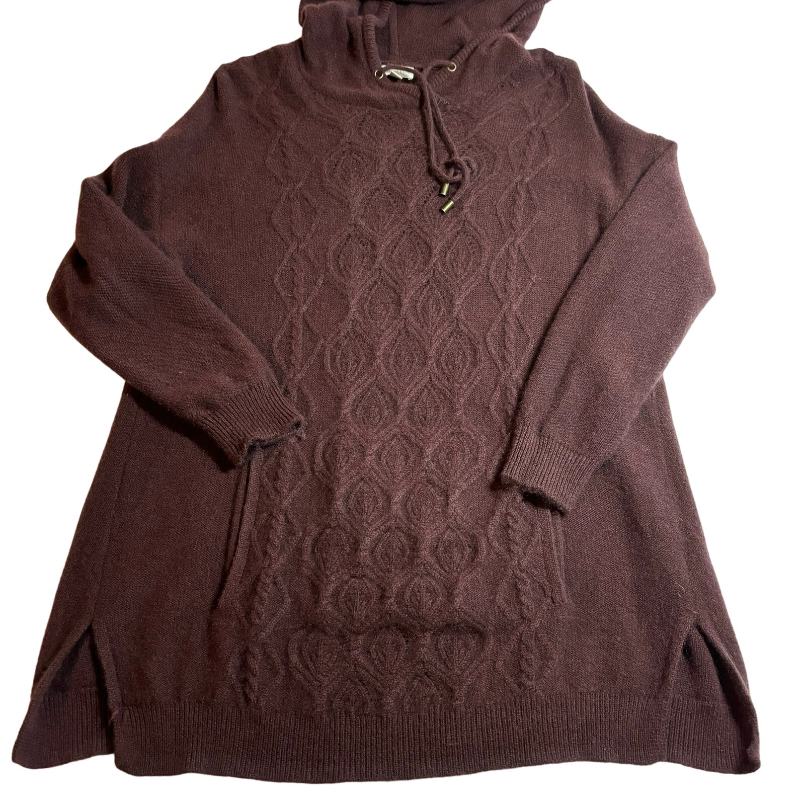 Garnet Hill 100% Cashmere Cable Front Tunic Hoodie Burgundy W/front Pocket Sz M