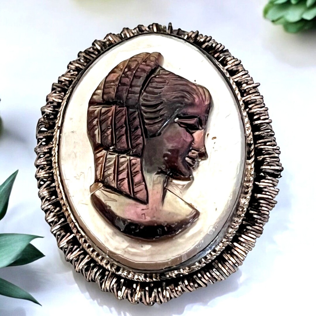 Vintage Cameo Pin Pendant Mother of Pearl Abalone Shell Sterling Silver 8U