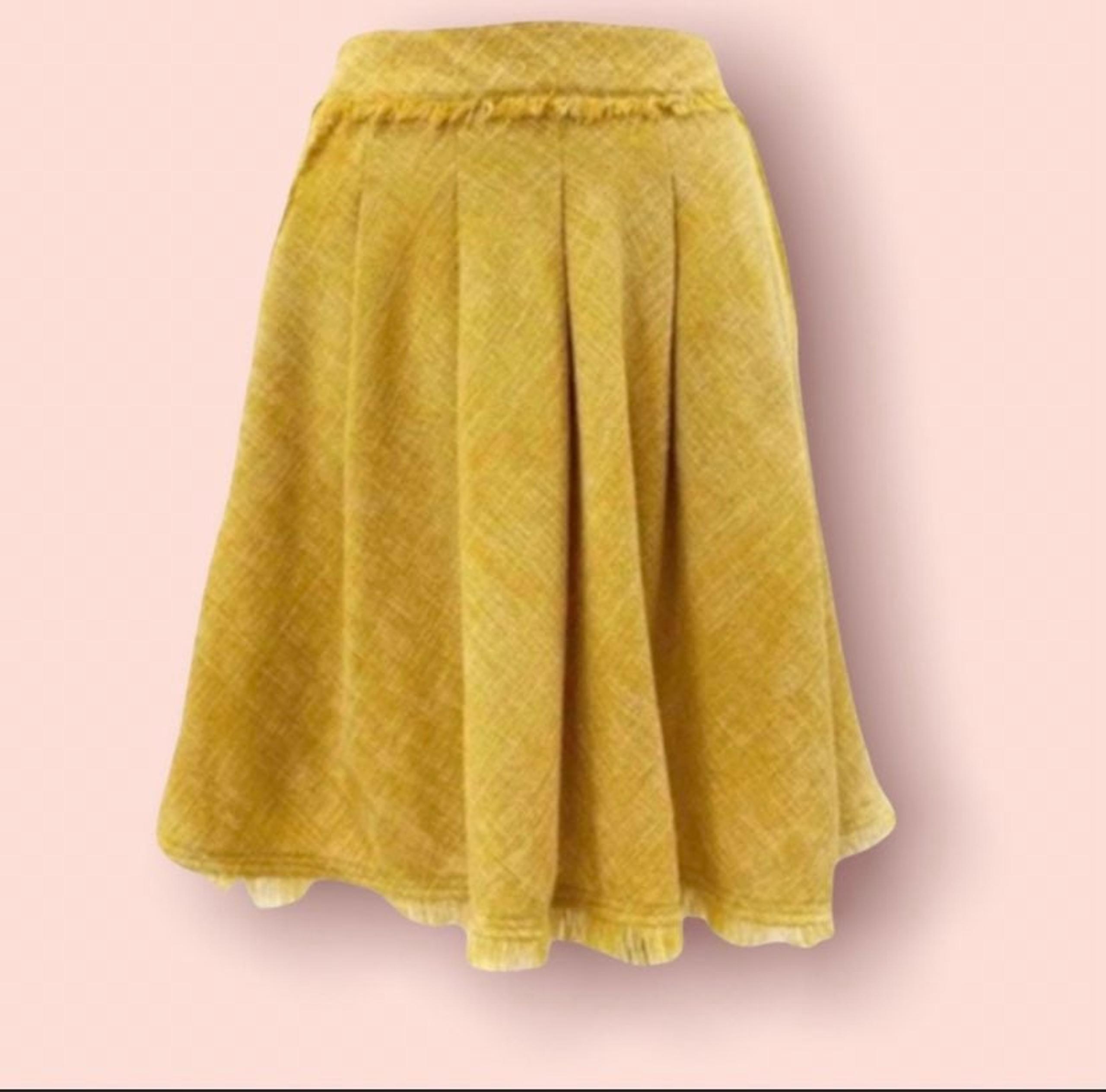 Anthropologie Maeve Size 8 Mustard Buttered Tweed Fringe Pleated Skirt EUC