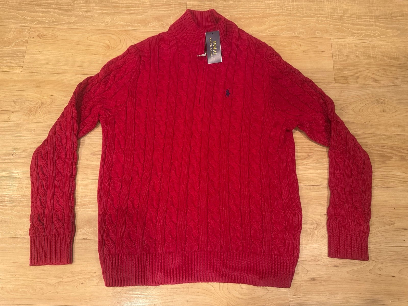 Polo Ralph Lauren Men’s Cable-Knit Cotton Crewneck Sweater Zip Red NWT Large