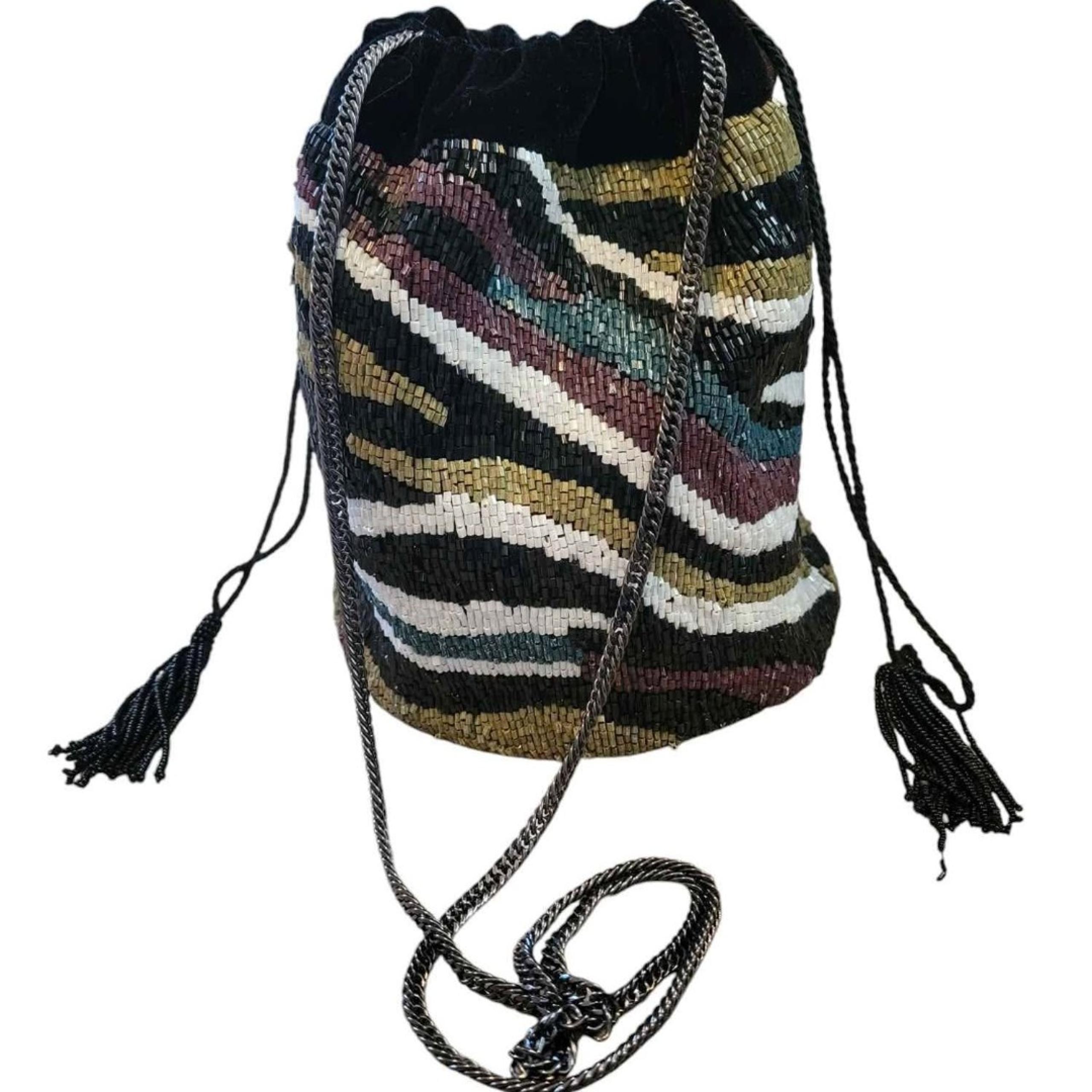 NWT Unique Zara Beaded Black Velvet Bucket Bag Crossbody with Dustbag