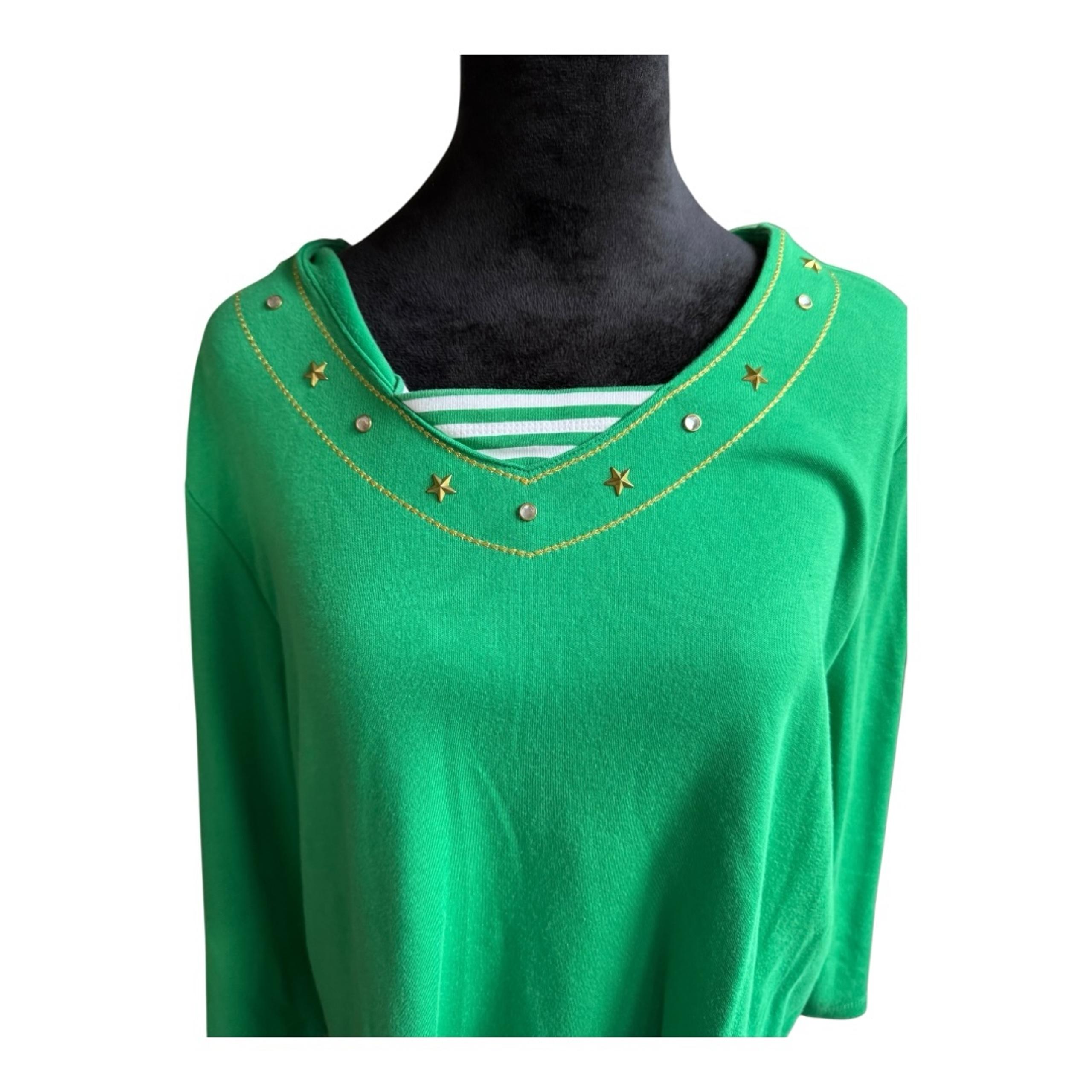 QVC Quacker Factory 3/4 sleeve Women's Green top with Stars and Stripes Sz  XL