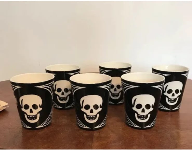 Bethany Lowe Halloween Carved Glass Skull Votive Holder/Tumbler—Set of 6–Retired