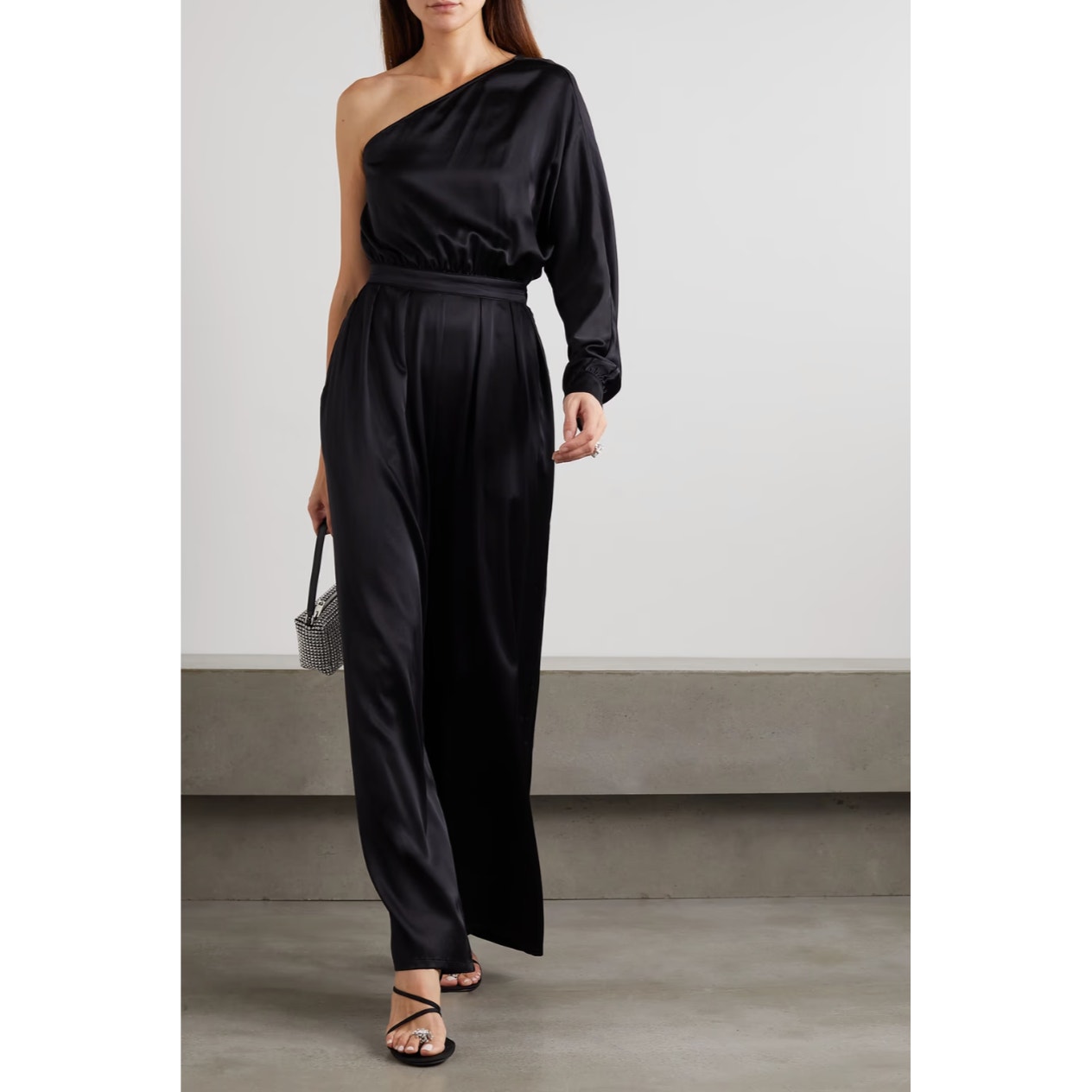 Rivet Utility Flirt Jumpsuit Black Satin One Shoulder Wide Leg Sz XL