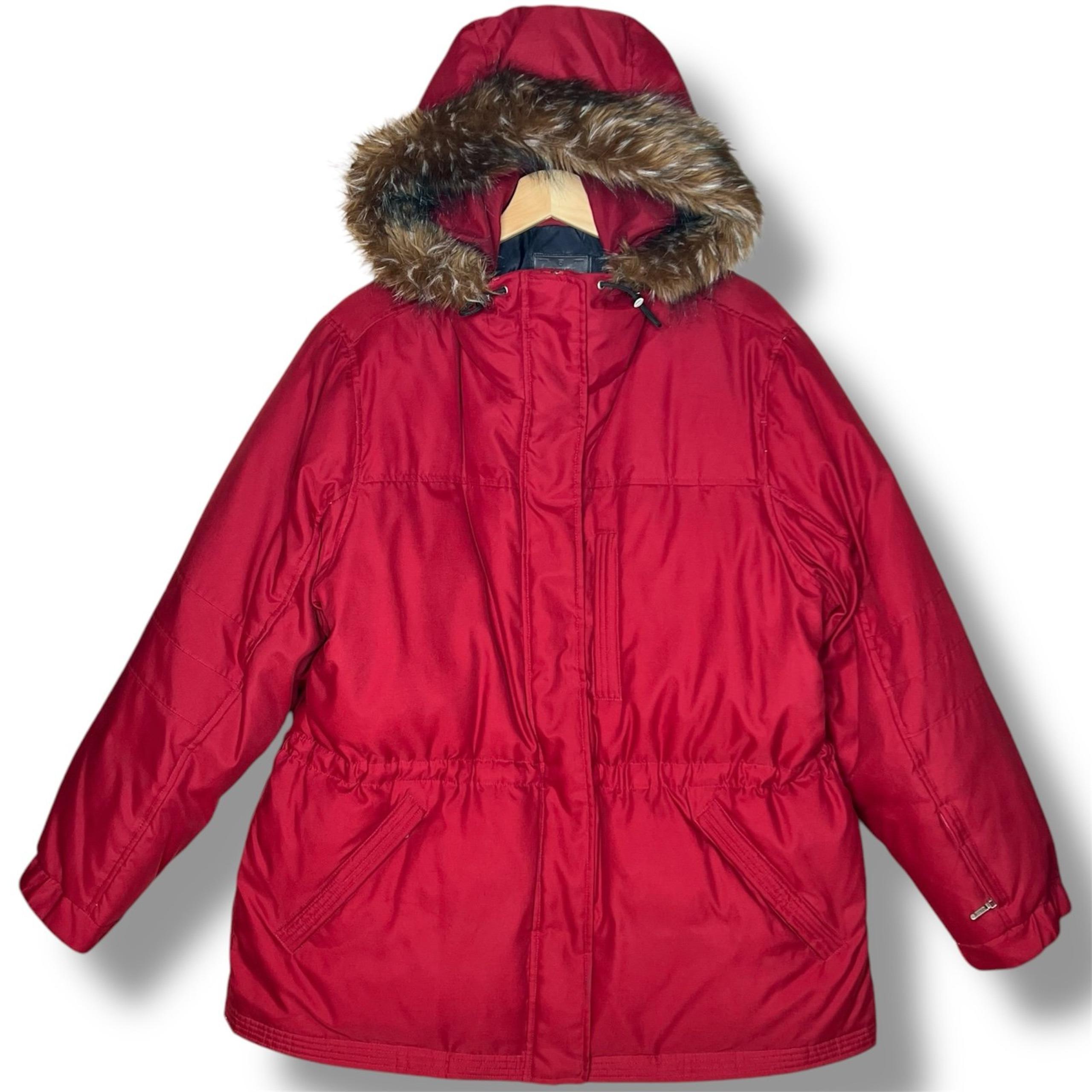 Lauren Ralph Lauren Women’s L Red Down Puffer Parka Coat Faux Fur Hood Winter