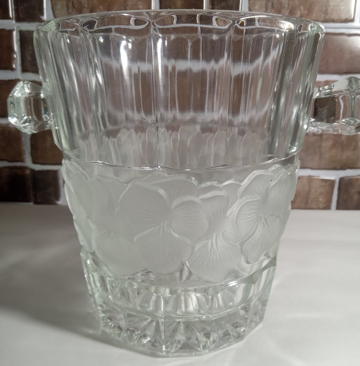Vintage Heavy Glass Champagne/Wine Bucket With Frosted Floral Design