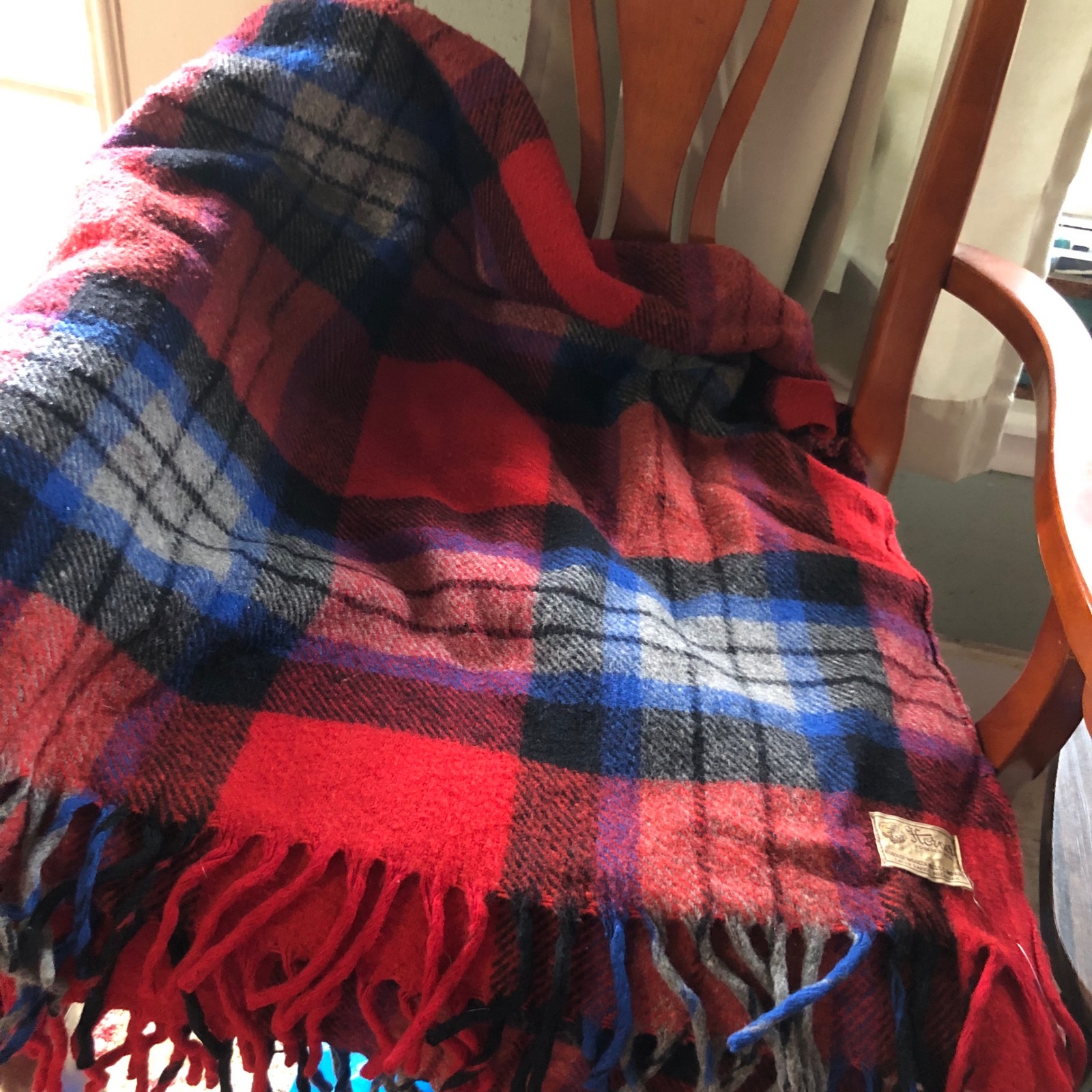 Vintage Horner Woolen Mills Plaid Throw Blanket Red Blue Gray Wool Fringe