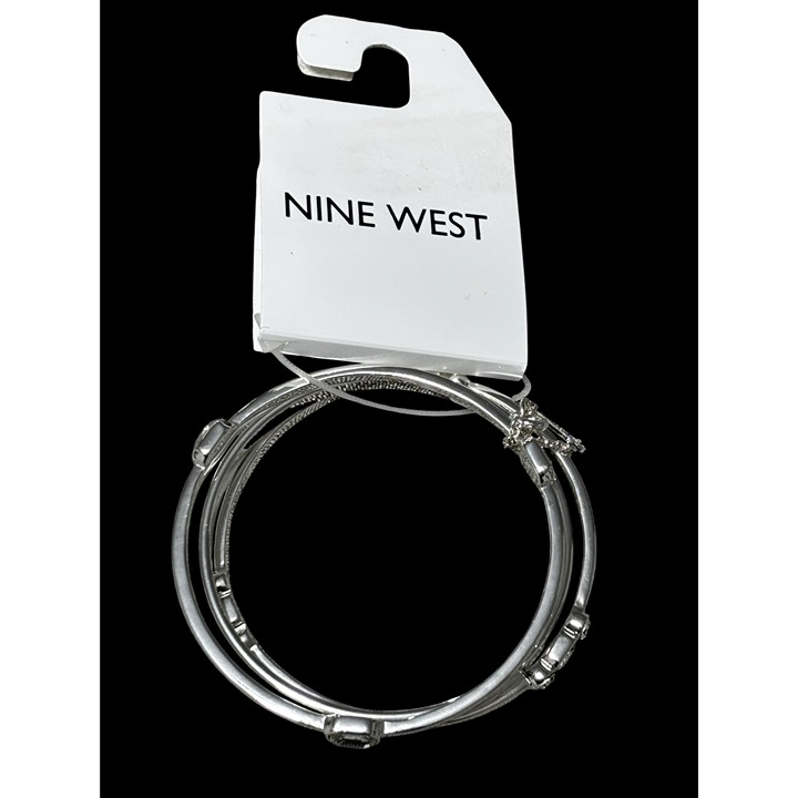Nine West Silver-Tone 3-Piece Bangle Bracelet Set With Rhinestone Accents