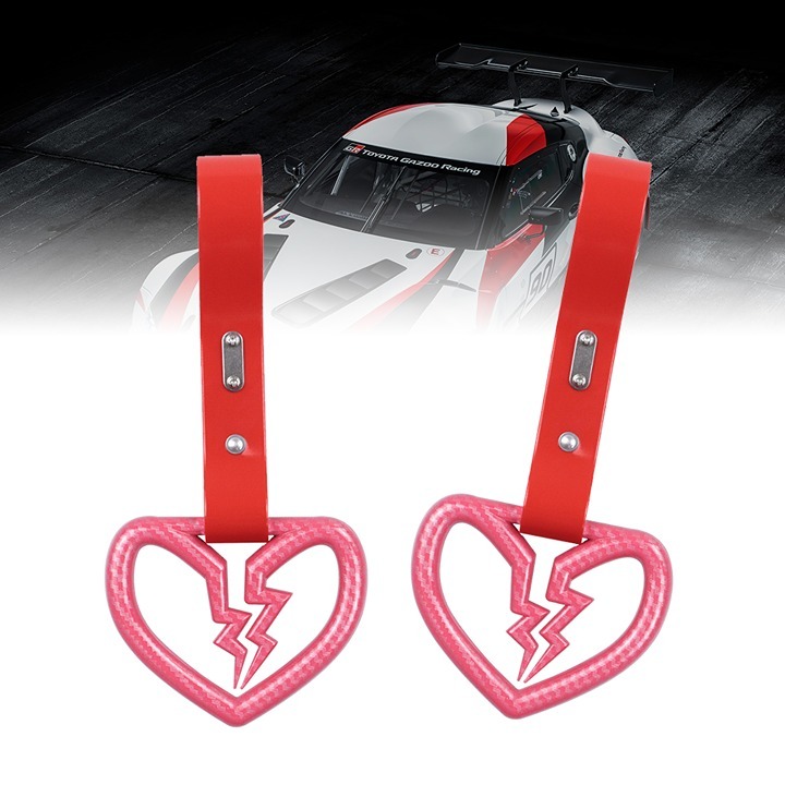 NEW 2PCS Broken Heart Pink Carbon Fiber JDM TSURIKAWA Handle Strap Charm Drift