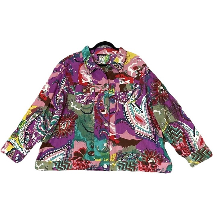 Phool Hippie Paisley Denim Jacket Size 2X Cowgirl 2 Pocket Button Up Boho