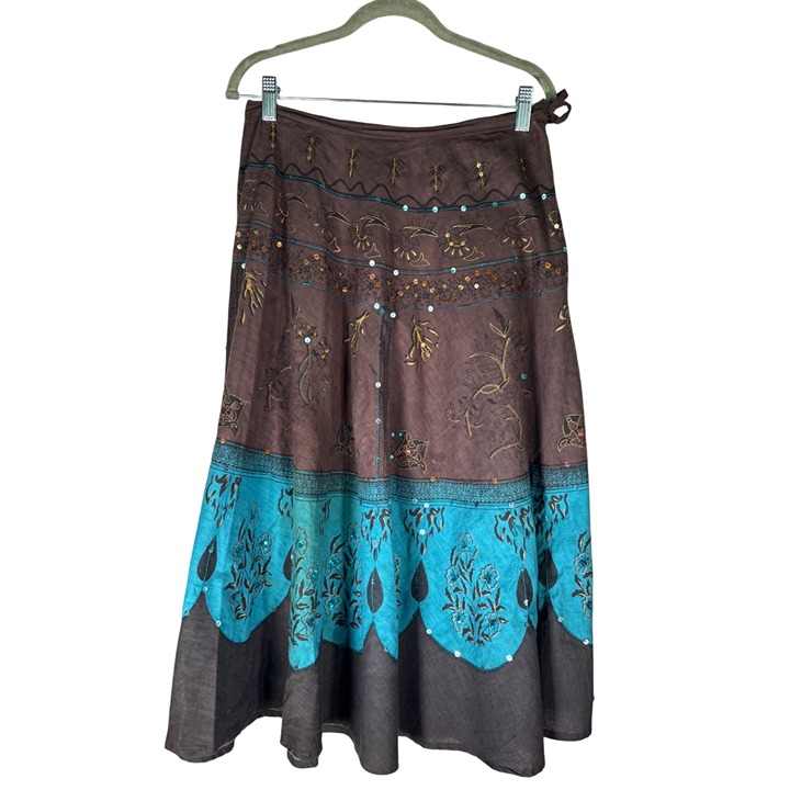 Bohemian Vintage Cotton Express Blue & Brown Embroidered Cotton Wrap Skirt M