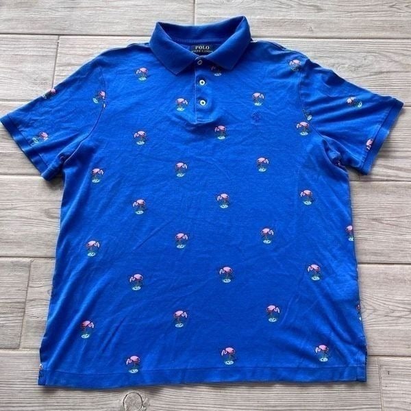 Polo Ralph Lauren Mens Blue Flamingo Classic Fit Interlock Polo Shirt Medium