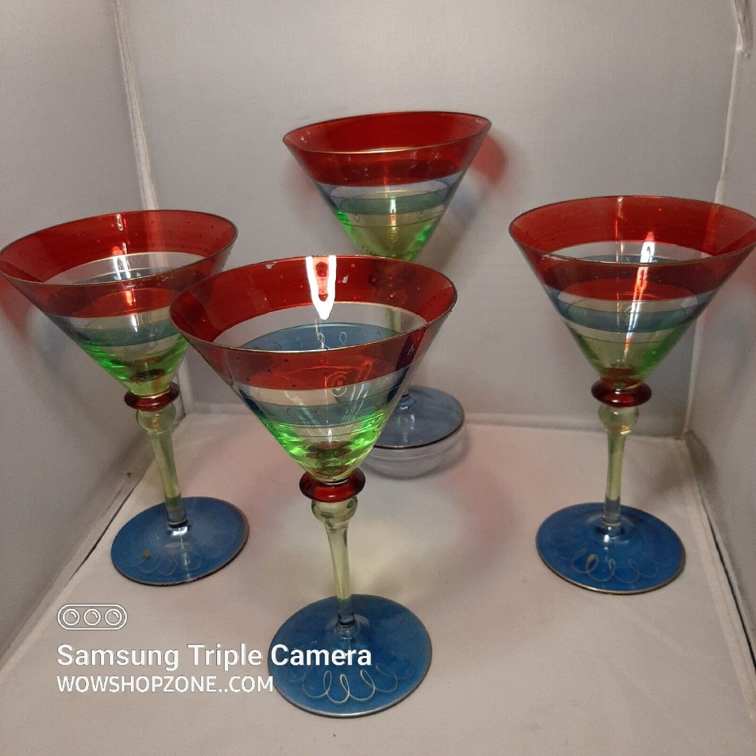 Pier 1 Imports Hand Blown Cocktail Romania Martini Glasses Set 4 PC Colorful Fun