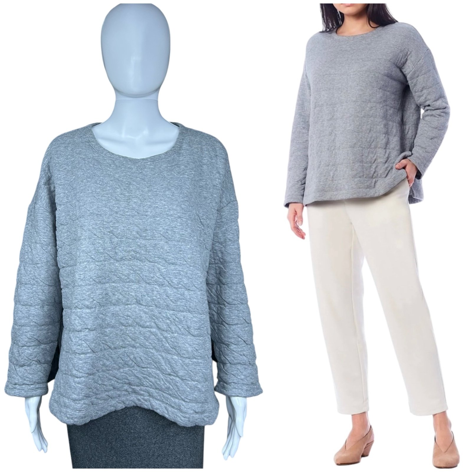 Eileen Fisher Quilted Organic Cotton Box Top XL Sweatshirt Boho Lagenlook
