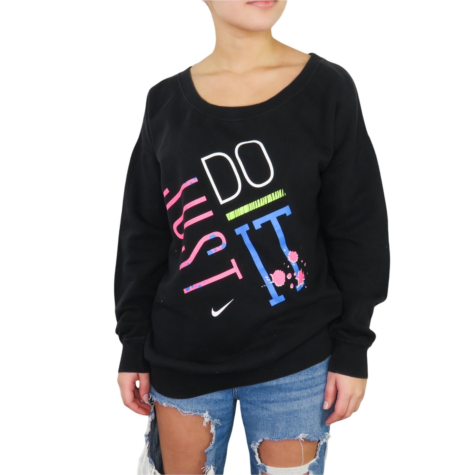 1990s Vintage Nike Black Crewneck Sweatshirt Just Do It Graphic Neon Medium