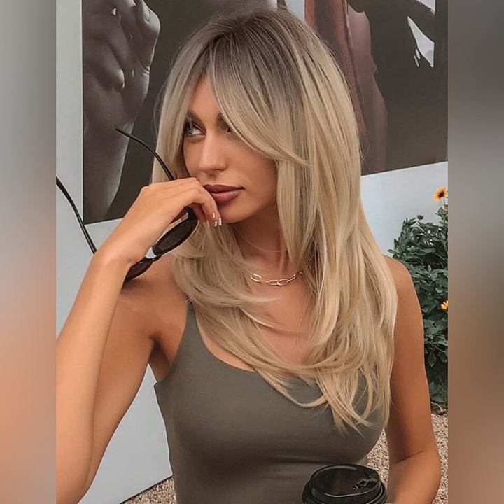 20 In Layered Dark roots Blonde Side Bangs Wig