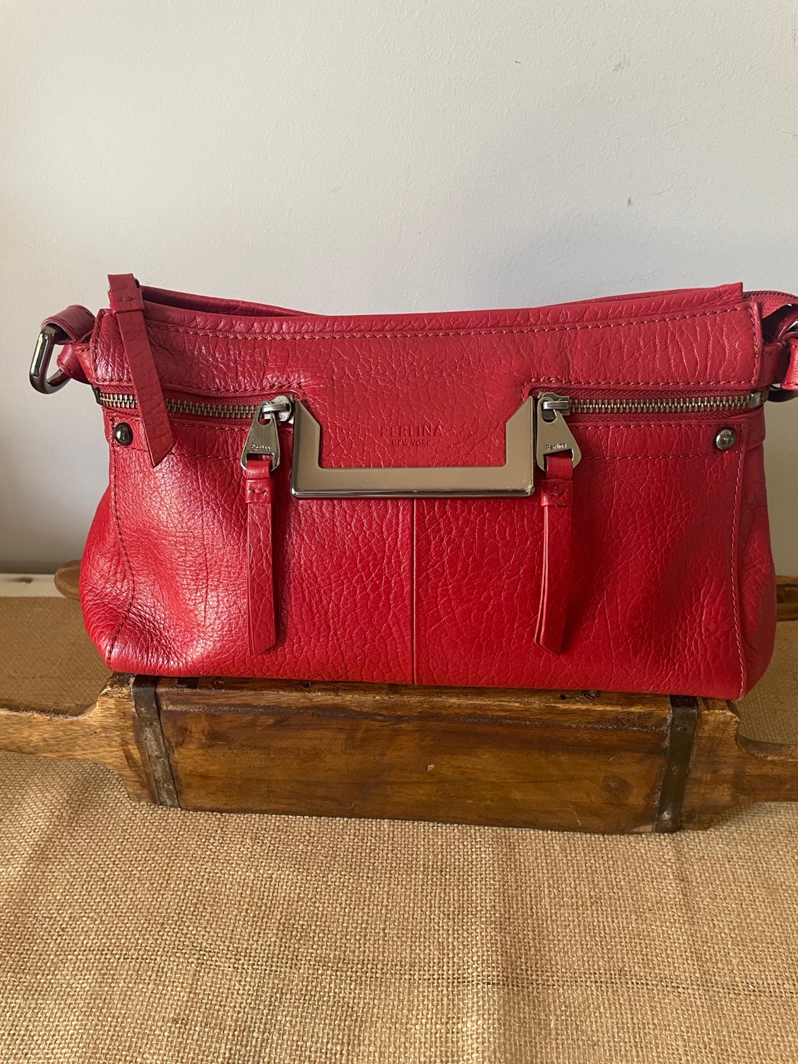 Perlina NY Red Pebbled Leather Baguette Satchel