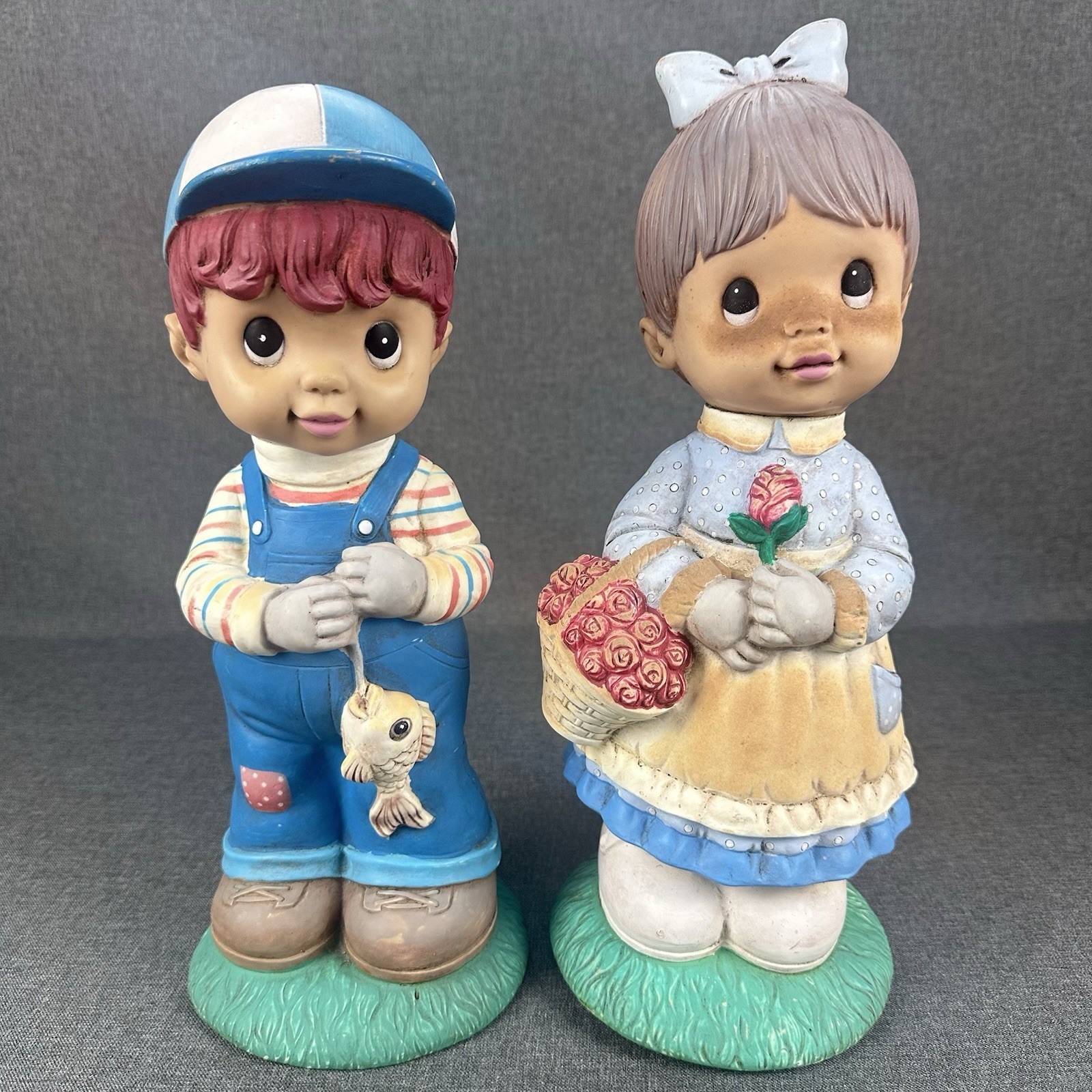 Set Of 2 Art line Garden Decor Vintage 1995 Plastic Boy Girl Roses Fish