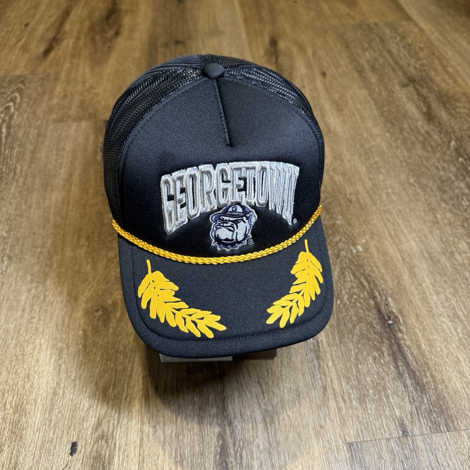 Georgetown Hoyas Snapback Hat Black Gold Leaf Mesh Trucker Mitchel & Ness NCAA