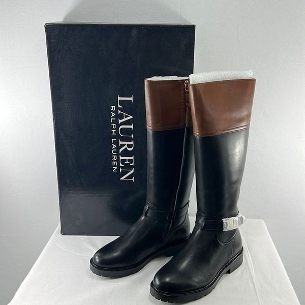 Lauren by Ralph Lauren Everly Riding Boots Black/Desert Tan sz 5B