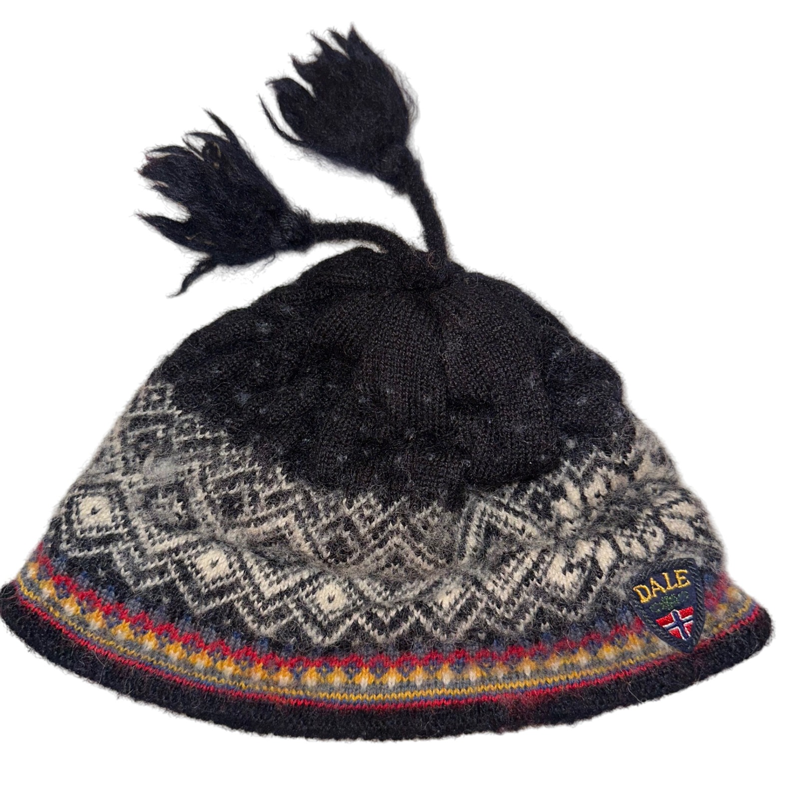 Dale of Norway Wool Hat Nordic Knit Beanie Tassels Winter Black Gray Red