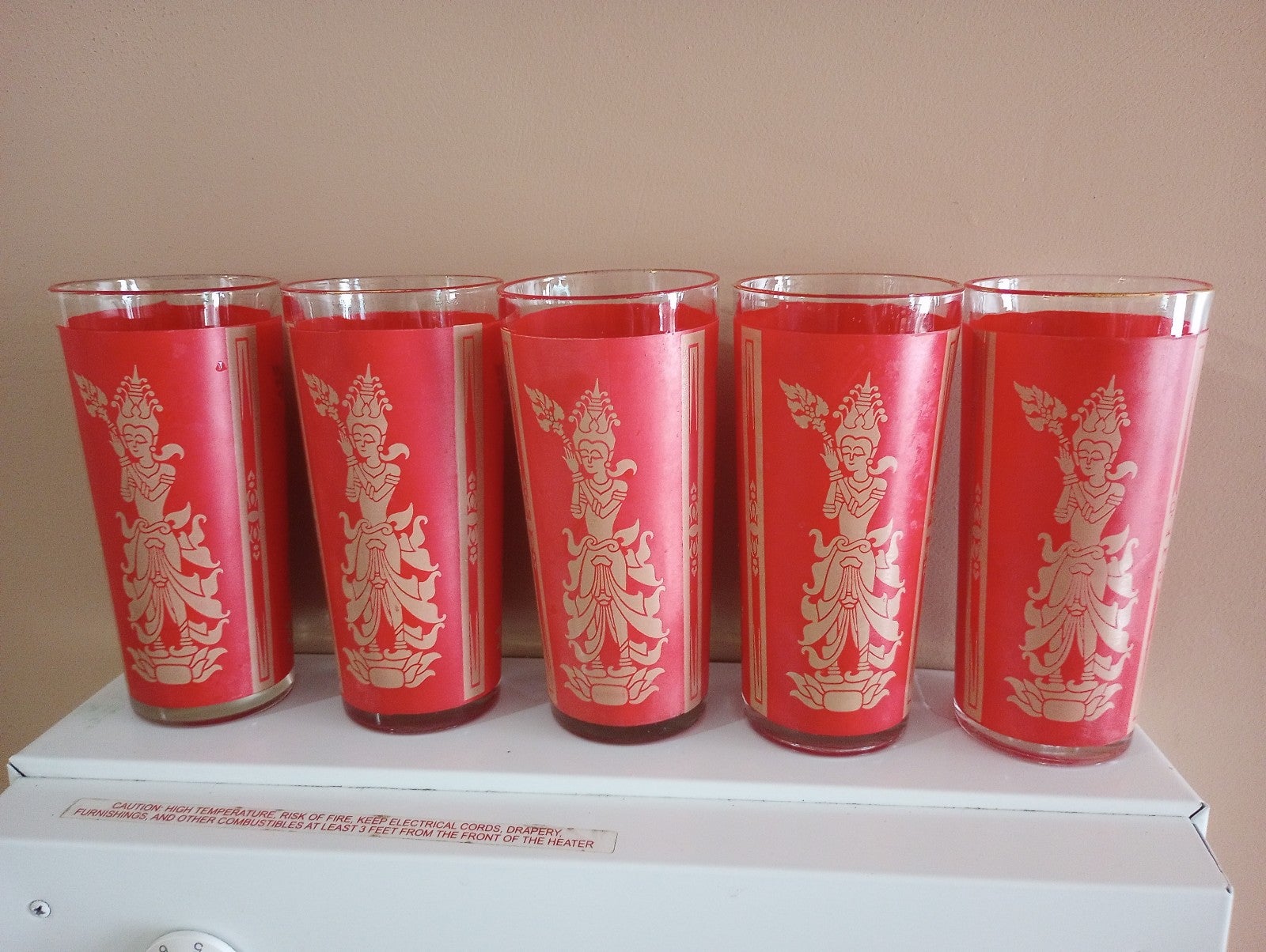 Vintage Culver Red Gold Siam Thai Goddess High Ball Glasses Tumblers 1960s