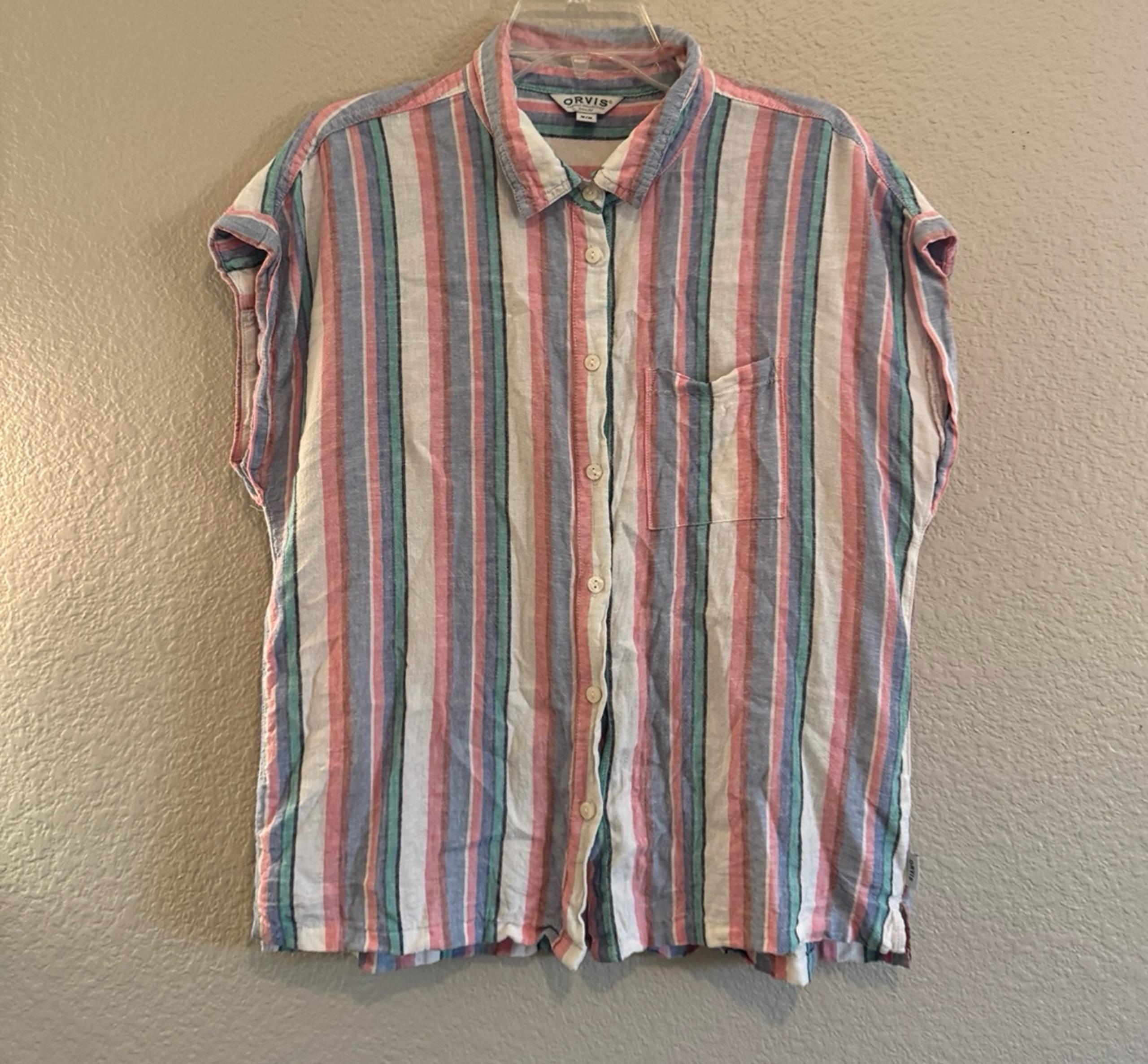 Orvis Striped Multi Linen Blend Button Up Top