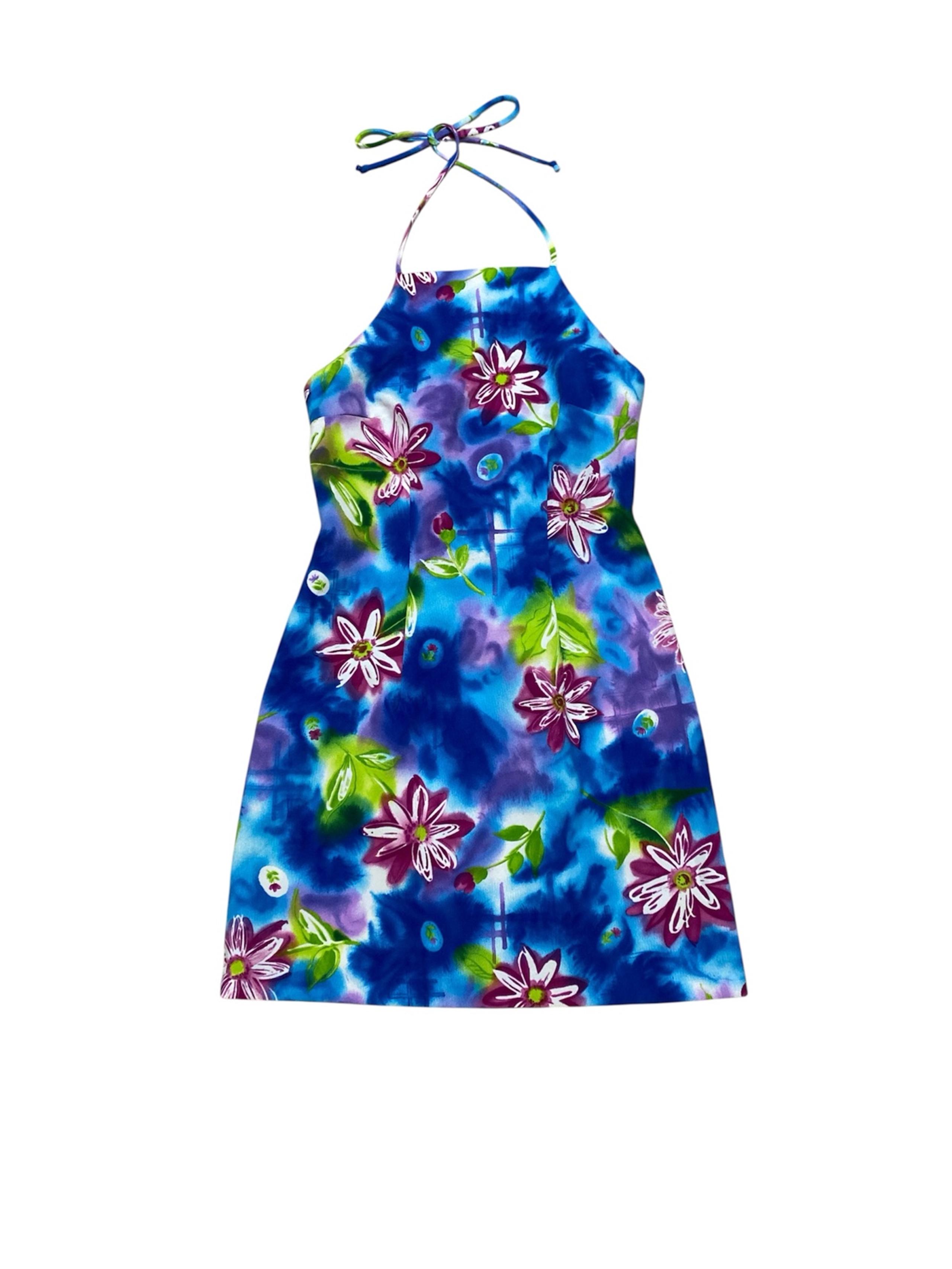 Vintage All That Jazz Dress Women’s 3/4 Blue Floral High Neck Halter Mini 90’s