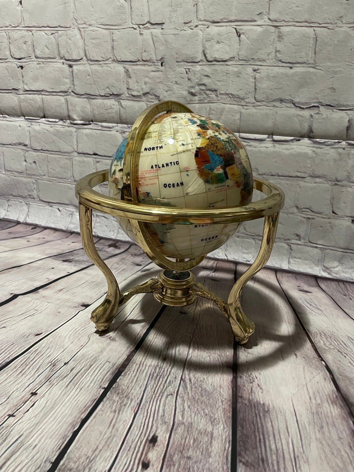 World Globe: Encrusted With Decorative mosaic_Brass Leg_Compass Determine Direct