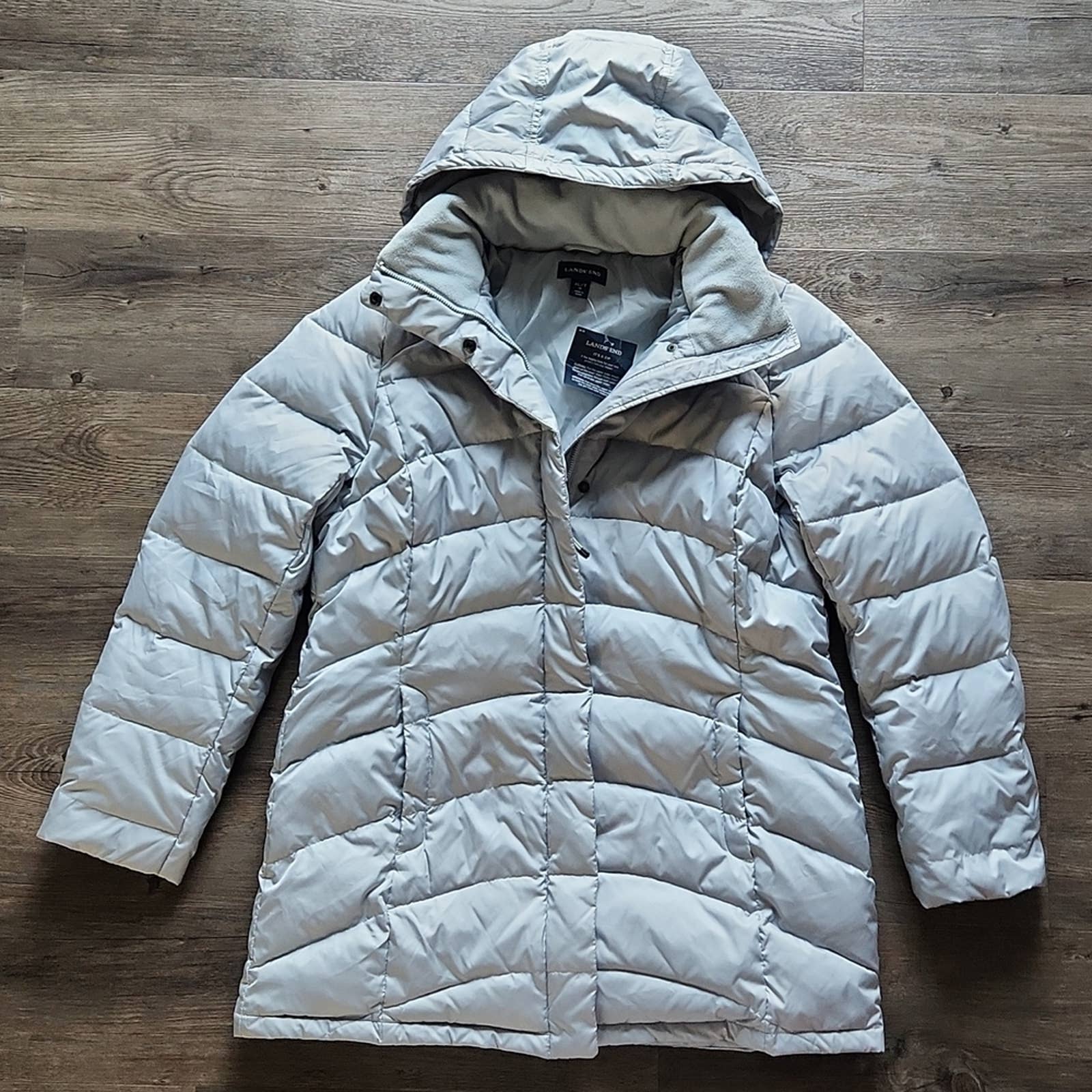 NWT LANDS END Light Grey Down Quilted Puffer Long Duster Coat XL Size 18
