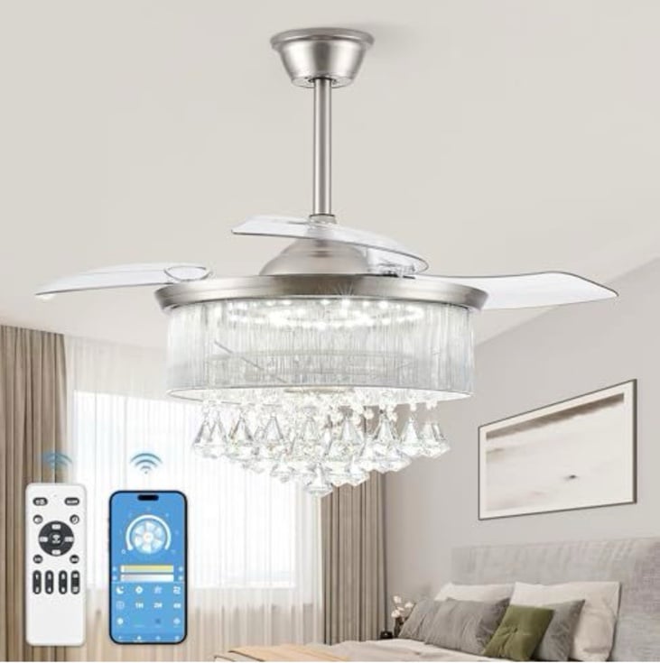 LEDIARY 42 Inch Chandelier Ceiling Fans with Lights and Remote, Retractable Fand
