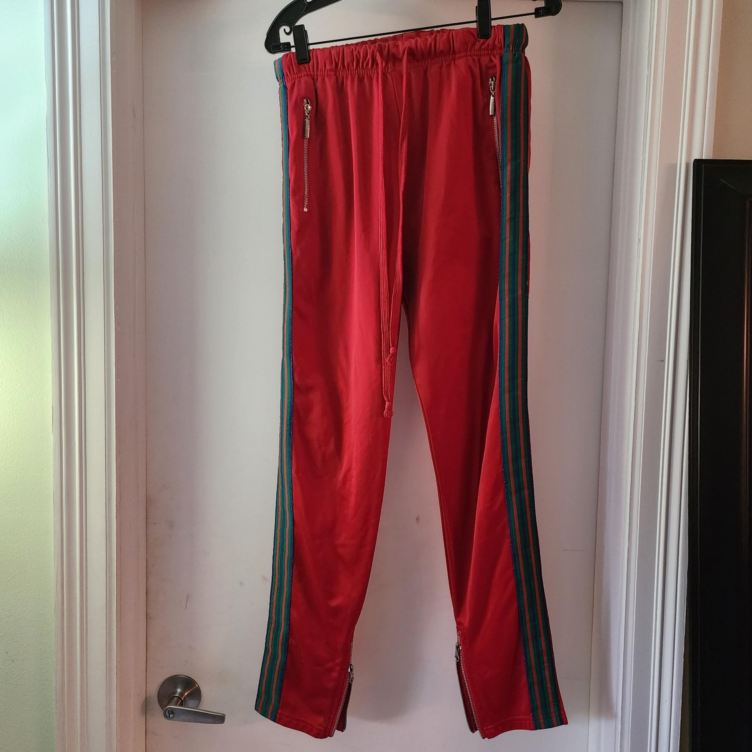 America Men’s Red Satin Track Pants M/L - A7 Joggers /Green Piping UNISEX inside