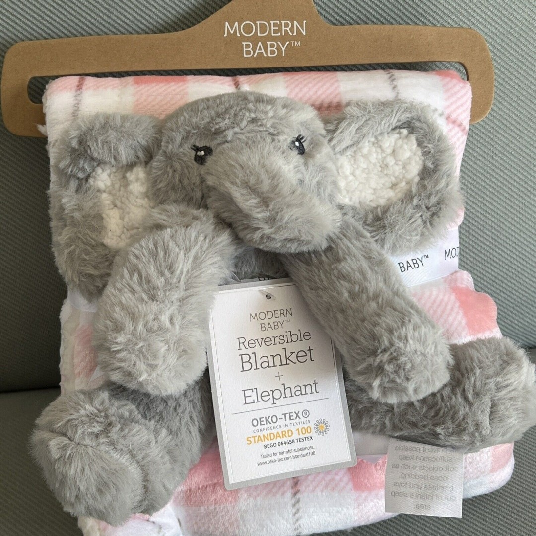 Modern Baby Blanket & Stuffed Animal Toy Pink Plaid Elephant Baby Gift Set New