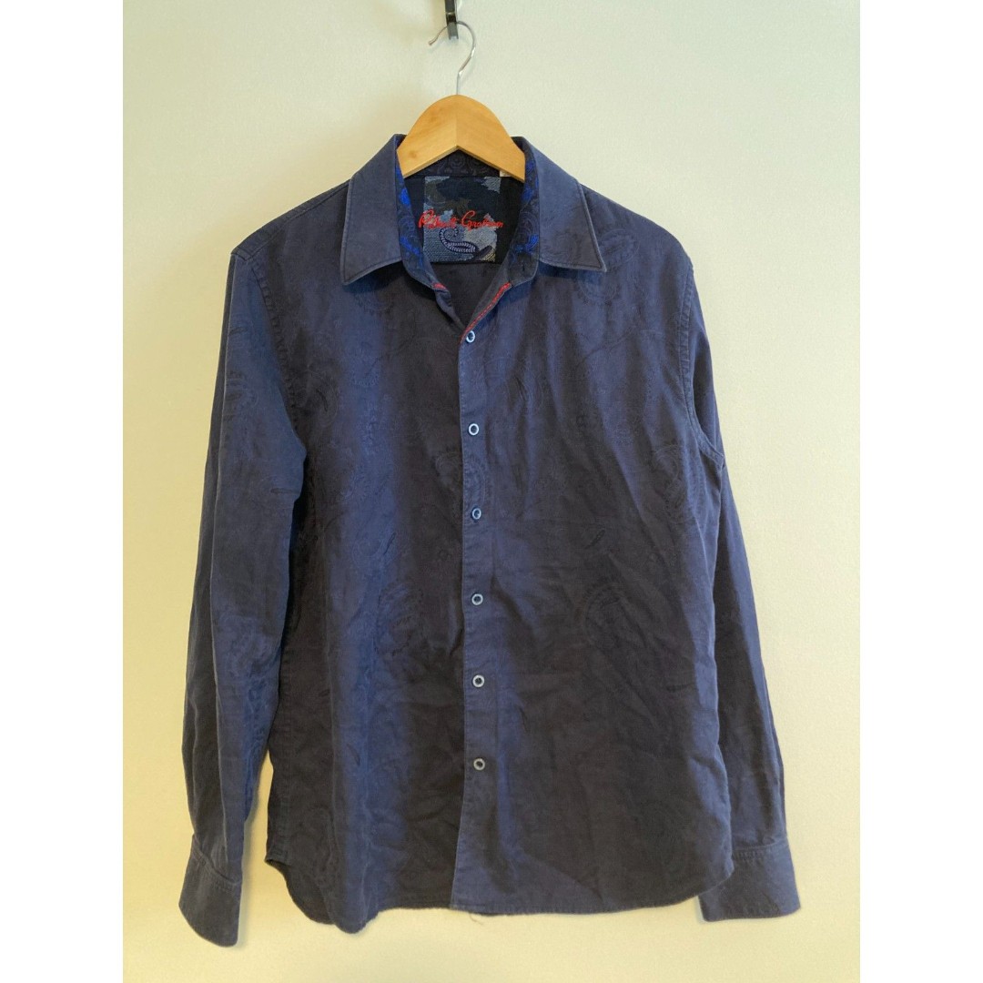 Robert Graham Men's Dress Shirt Navy Blue Embroidered Paisley Size L