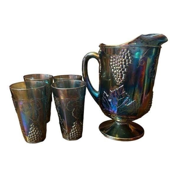 Vtg INDIANA GRAPE HARVEST Iridescent Carnival Glass Pitcher + 4 Tumblers Set