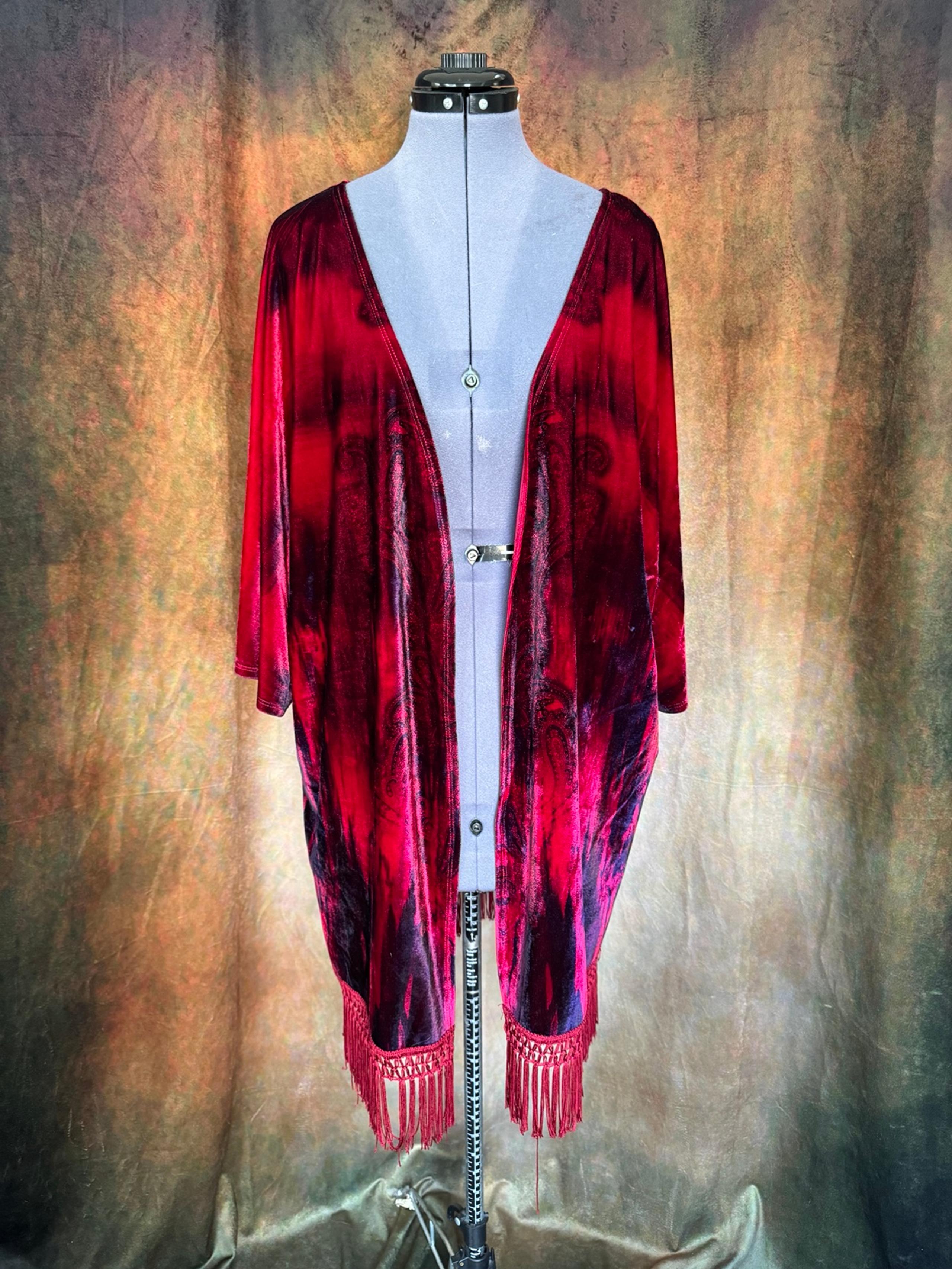 Sz M L Red velvet kaftan duster short sleeves cardigan cover Victorian gothic - One World