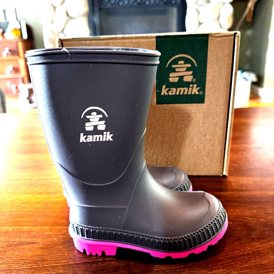 Kamik Stomp Boots Size 7 Toddler Rain Black Rubber Waterproof Magenta New in Box