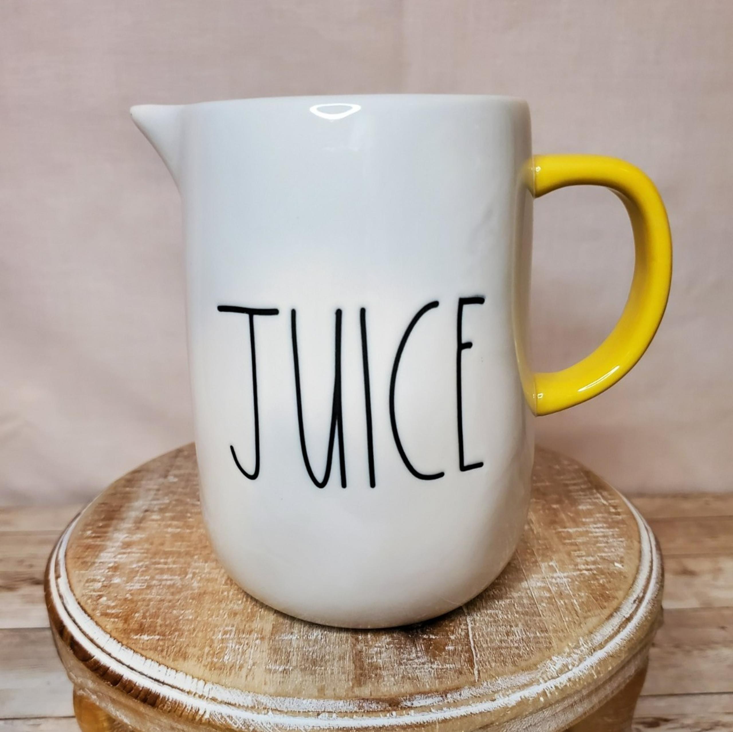 Small "JUICE" Pitcher by RAE DUNN - 5" Tall White with Yellow Handle - Farmhouse