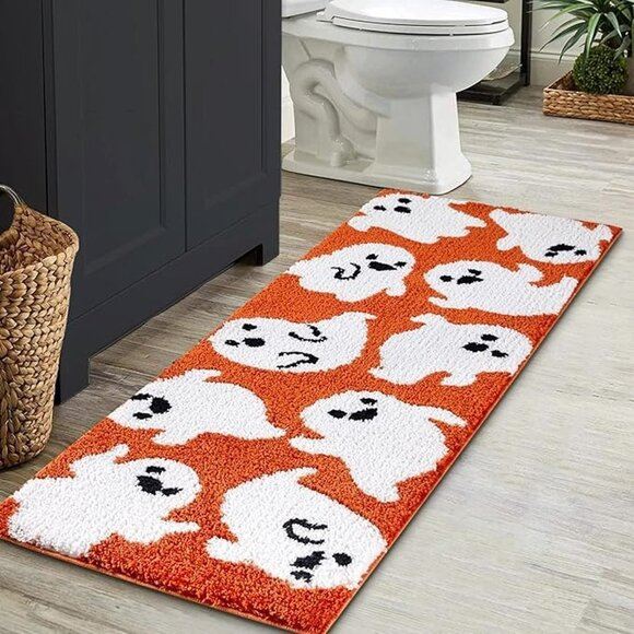 NEW Cute Ghost Halloween Bathroom Runner Rug 18’’x45’’ Vibrant Orange Spooky Rug