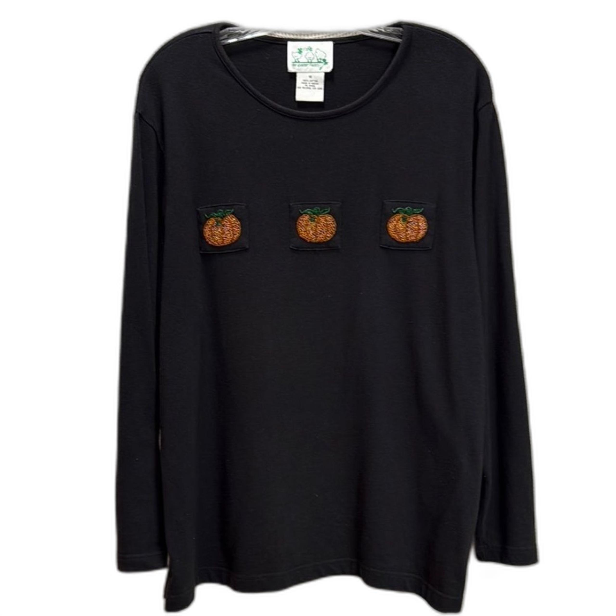 Quacker Factory Pumpkin beaded Black Long Sleeve Tee SZ 1X seed beads bling fall