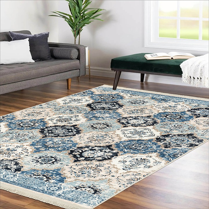 Alfa Rich 5x7 Area Rug, Ultra-Thin Boho Blue and Cream Rug, Non-Slip Washable